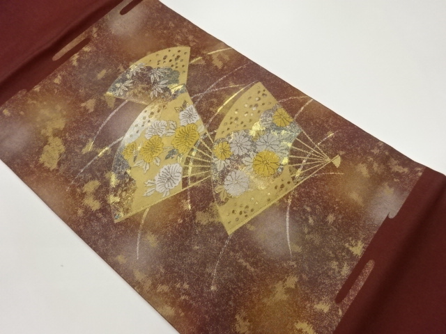 引箔扇に笹・花々模様織出し名古屋帯